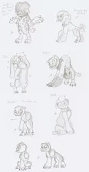 Size: 1217x2358 | Tagged: safe, artist:ravenpuff, deleted from derpibooru, derpibooru import, oc, oc:brownie, oc:butcher, oc:petri daston, oc:rowena, oc:scruffy, oc:starfish, unofficial characters only, anthro, diamond dog, digitigrade anthro, amputee, apron, bipedal, blood, chest fluff, clothes, collar, diamond dog oc, diamond dogified, female, freckles, frown, hat, looking up, male, naked apron, one eye closed, panting, pirate hat, sad, shrug, sitting, species swap, spiked collar, tail wag, text, tongue out, vest, wink