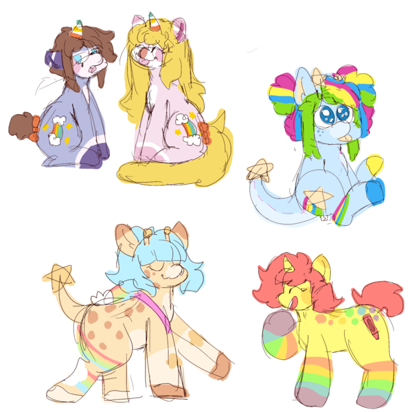 Size: 2000x2000 | Tagged: safe, artist:rigbythememe, derpibooru import, oc, oc:kiddo (rigbythememe), oc:olivia (rigbythememe), oc:plushie (rigbythememe), oc:tengo (rigbythememe), oc:una (rigbythememe), unofficial characters only, earth pony, pony, unicorn, colored sketch, colorful, cute, female, simple background, sketch, sketch dump, tongue out, transparent background