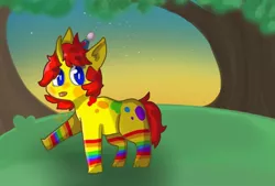 Size: 1024x692 | Tagged: artist needed, safe, derpibooru import, oc, oc:kiddo (rigbythememe), unofficial characters only, pony, unicorn, colorful, female, forest, night, rainbow, solo, tree