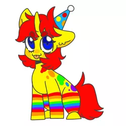 Size: 768x768 | Tagged: safe, artist:blushgutz, derpibooru import, oc, oc:kiddo (rigbythememe), unofficial characters only, pony, unicorn, colorful, female, hat, kidcore, party hat, rainbow, simple background, solo, tongue out, white background