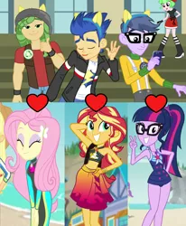 Size: 1471x1784 | Tagged: safe, derpibooru import, edit, edited screencap, screencap, flash sentry, fluttershy, microchips, sandalwood, sci-twi, sunset shimmer, twilight sparkle, a banner day, equestria girls, equestria girls series, forgotten friendship, belly button, female, flashimmer, male, microlight, sandalshy, shipping, shipping domino, straight