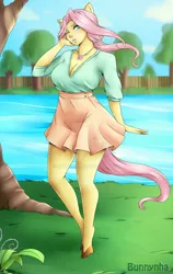 Size: 1024x1622 | Tagged: safe, artist:bunnynha, derpibooru import, fluttershy, anthro, bat pony, unguligrade anthro, breasts, busty fluttershy, cleavage, clothes, female, flutterbat, human facial structure, jewelry, lake, necklace, obtrusive watermark, race swap, solo, tree, watermark