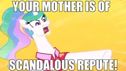 Size: 1280x720 | Tagged: safe, derpibooru import, edit, edited screencap, screencap, princess celestia, alicorn, pony, between dark and dawn, alternate hairstyle, angry, caption, clothes, female, hawaiian shirt, image macro, meme, pointing, ponytail, rage, shirt, simple background, solo, text, traditional royal canterlot voice, yelling, yellow background, your mom