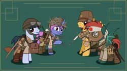 Size: 3000x1689 | Tagged: safe, artist:n0kkun, derpibooru import, oc, oc:akira hekima, oc:fukimo gen, oc:hiroshi seung, oc:shiro tai, unofficial characters only, bat pony, earth pony, pegasus, pony, unicorn, armor, army, bag, bat pony oc, bat wings, belt, boots, bottle, carbine, clothes, combat armor, combat medic, curved horn, female, flask, gas mask, goggles, green background, grenade, gun, hachimaki, hat, headband, helmet, horn, japan, japanese, katana, knife, machete, machine gun, male, mare, mask, military, pants, pouch, raised hoof, rifle, rising sun, sad, saddle bag, shirt, shoes, simple background, stallion, submachinegun, sword, tanktop, weapon, wings, world war ii, worried