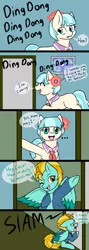 Size: 532x1501 | Tagged: safe, artist:jolliapplegirl, derpibooru import, coco pommel, lightning dust, earth pony, pegasus, pony, cocodust, comic, dialogue, door slam, female, lesbian, mare, missing cutie mark, shipping