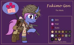 Size: 3000x1832 | Tagged: safe, artist:n0kkun, derpibooru import, oc, oc:fukimo gen, unofficial characters only, pony, unicorn, bag, bandage, boots, bottle, clothes, combat medic, curved horn, female, flask, goggles, grenade, gun, helmet, holster, horn, katana, mare, medic, military, pants, pouch, purple background, raised hoof, reference sheet, sad, saddle bag, shirt, shoes, simple background, solo, submachinegun, sword, weapon, world war ii