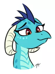Size: 1050x1400 | Tagged: 30 minute art challenge, artist:fakskis, bust, colored sketch, derpibooru import, dragon, female, horns, looking down, princess ember, safe, scales, simple background, sketch, solo, white background