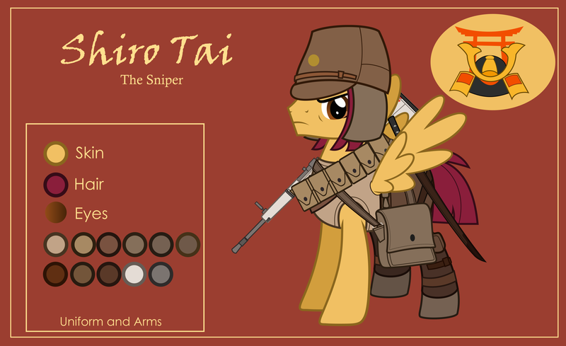 Size: 3000x1832 | Tagged: safe, artist:n0kkun, derpibooru import, oc, oc:shiro tai, unofficial characters only, pegasus, pony, bag, belt, boots, brown background, clothes, gun, hat, katana, male, military, pants, pouch, reference sheet, rifle, saddle bag, shoes, simple background, solo, stallion, sword, tanktop, weapon, world war ii