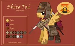Size: 3000x1832 | Tagged: safe, alternate version, artist:n0kkun, derpibooru import, oc, oc:shiro tai, unofficial characters only, pegasus, pony, bag, belt, boots, brown background, clothes, dirt, gun, hat, katana, male, military, mud, pants, pouch, reference sheet, rifle, saddle bag, shoes, simple background, solo, stallion, sword, tanktop, weapon, world war ii