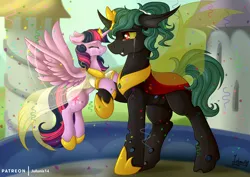 Size: 4092x2893 | Tagged: safe, artist:julunis14, derpibooru import, twilight sparkle, twilight sparkle (alicorn), oc, oc:bandit, alicorn, changeling, pony, alternate hairstyle, armor, canon x oc, canterlot, changeling oc, clothes, commission, crying, double colored changeling, dress, fangs, female, height difference, horn, horn ring, jewelry, male, marriage, princess, regalia, ring, royal wedding, shipping, shoes, size difference, straight, tears of joy, wedding, wedding dress, wedding ring