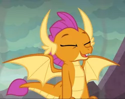 Size: 1181x937 | Tagged: cropped, cute, derpibooru import, dragon, dragoness, dragon lands, eyes closed, fangs, female, happy, horns, nostalgia, open mouth, safe, screencap, smiling, smoke, smolder, smolderbetes, sniffing, solo, spread wings, sweet and smoky, teenaged dragon, teenager, wings