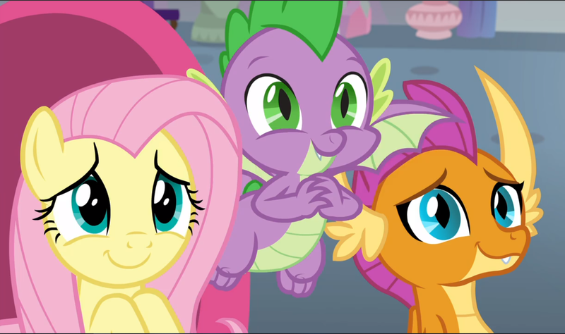 Size: 1588x941 | Tagged: safe, derpibooru import, screencap, fluttershy, smolder, spike, dragon, pegasus, pony, sweet and smoky, cropped, cute, dragoness, female, flying, male, mare, shyabetes, smiling, smolderbetes, spikabetes, trio, winged spike