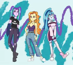 Size: 1600x1421 | Tagged: safe, artist:pettypop, derpibooru import, adagio dazzle, aria blaze, sonata dusk, equestria girls, '90s, alternate costumes, boots, clothes, converse, cute, jeans, jewelry, necklace, pants, shoes, sneakers, solo jazz, sonatabetes, the dazzlings