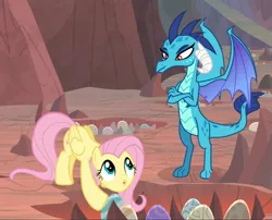 Size: 1163x938 | Tagged: safe, derpibooru import, screencap, fluttershy, princess ember, dragon, pegasus, pony, sweet and smoky, amused, claws, cropped, crossed arms, crouching, cute, dragon egg, dragoness, duo, female, folded wings, horns, looking at each other, mare, open mouth, shyabetes, smiling, smirk, spread wings, wings