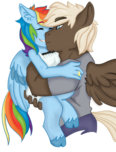 Size: 850x1114 | Tagged: anthro, artist:dbkit, carrying, cloven hooves, couple, derpibooru import, dumbbell, dumbdash, female, jewelry, male, rainbow dash, ring, safe, shipping, simple background, size difference, straight, transparent background, wedding ring