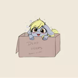 Size: 4000x4000 | Tagged: safe, artist:miokomata, derpibooru import, derpy hooves, pegasus, pony, absurd resolution, blushing, box, bubble, commission, cute, derpabetes, female, floppy ears, mare, miokomata is trying to murder us, open mouth, pony in a box, simple background, solo, weapons-grade cute, ych result