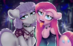 Size: 1280x814 | Tagged: safe, artist:wimsie, derpibooru import, maud pie, pinkie pie, earth pony, blushing, chest fluff, choker, clothes, ear piercing, earring, jewelry, lidded eyes, necklace, piercing, pinkamena diane pie, punk, tongue out