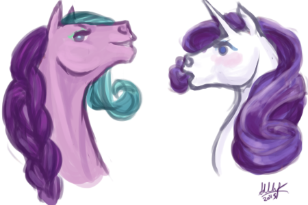 Size: 450x300 | Tagged: safe, artist:sdlhf, derpibooru import, lavender lake, rarity, earth pony, pony, unicorn, blushing, bust, cousins, duo, female, g3, g3 to g4, generation leap, headcanon, hoers, mare, realistic, simple background, white background