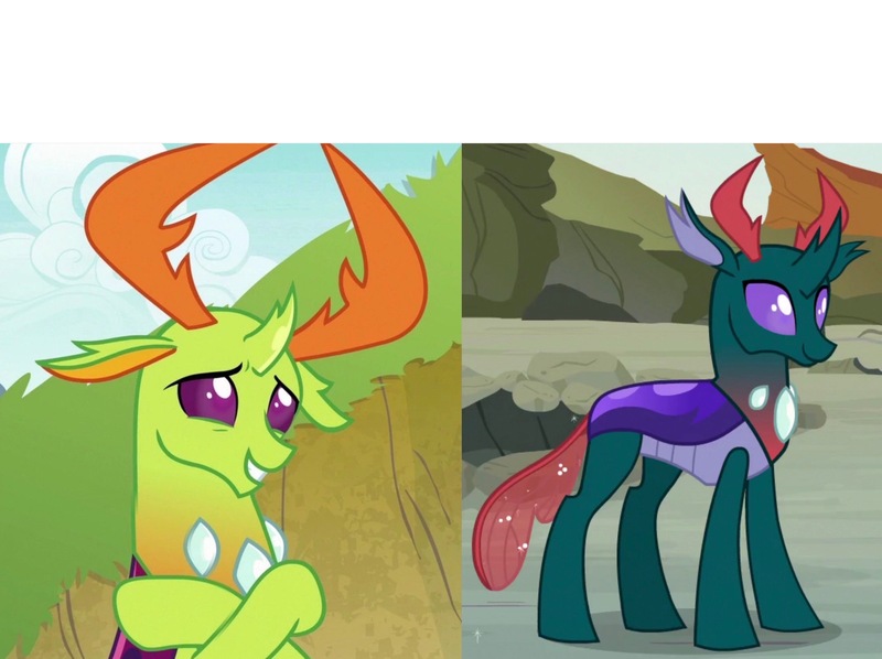 Size: 3081x2304 | Tagged: changedling, changeling, derpibooru import, edit, edited screencap, exploitable meme, king thorax, mario brothers' views, meme, meme template, pharynx, ponified meme, prince pharynx, safe, screencap, thorax, to change a changeling, triple threat