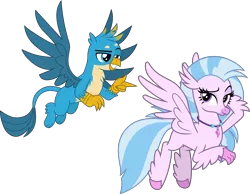 Size: 5210x4044 | Tagged: safe, artist:cheezedoodle96, artist:frownfactory, derpibooru import, edit, gallus, silverstream, classical hippogriff, gryphon, hippogriff, .svg available, chest fluff, female, flying, gallstream, jewelry, lidded eyes, looking at you, male, necklace, paws, raised eyebrow, shipping, simple background, smiling, smirk, spread wings, straight, svg, transparent background, vector, wings