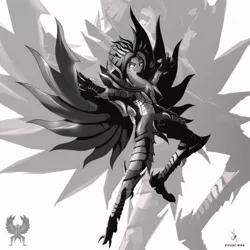 Size: 1600x1601 | Tagged: alternate hairstyle, armor, artist:zidanemina, captain celaeno, crossover, derpibooru import, garuda, grayscale, monochrome, my little pony: the movie, safe, saint seiya, simple background, solo, white background, wings