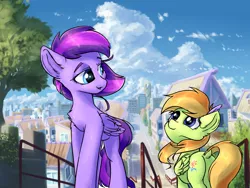 Size: 1600x1200 | Tagged: safe, artist:ravistdash, derpibooru import, oc, unofficial characters only, pegasus, pony, butt, city, cloud, feather, kimi no na wa, looking at each other, plot, ponyville, stairs, tree, your name