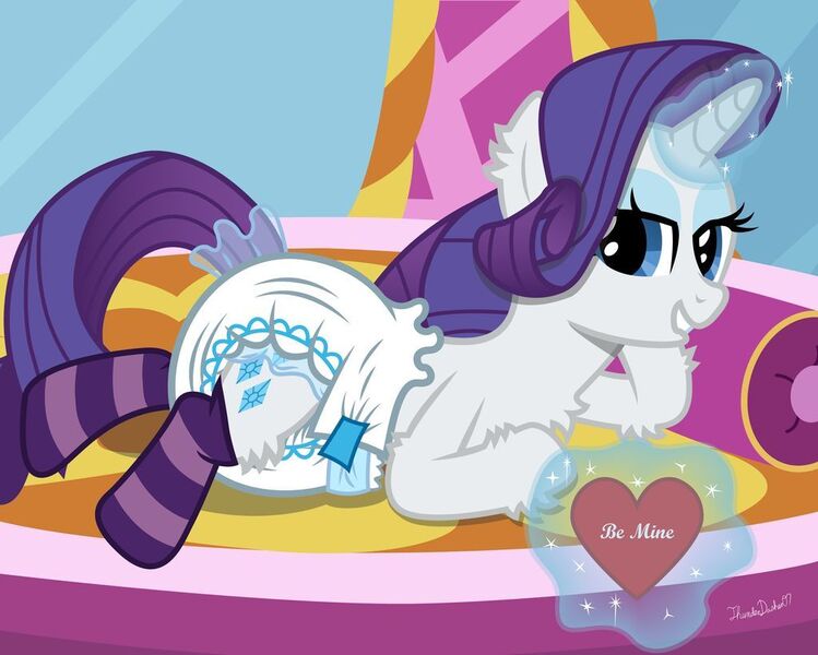 Size: 1024x820 | Tagged: suggestive, artist:thunderdasher07, derpibooru import, rarity, unicorn, bedroom eyes, carousel boutique, chest fluff, clothes, diaper, diaper fetish, fetish, hearts and hooves day, holiday, magic, magic aura, pillow, poofy diaper, socks, solo, striped socks, valentine, valentine's day