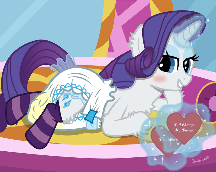Size: 2500x2000 | Tagged: questionable, alternate version, artist:thunderdasher07, derpibooru import, rarity, unicorn, bedroom eyes, blushing, carousel boutique, chest fluff, clothes, diaper, diaper fetish, fetish, hearts and hooves day, holiday, magic, magic aura, messy diaper, pillow, poofy diaper, socks, solo, striped socks, valentine, valentine's day, wet diaper
