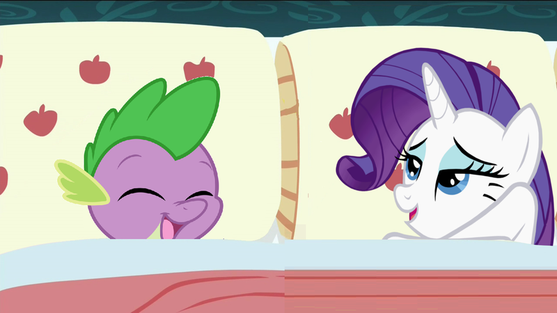 Size: 1280x720 | Tagged: safe, artist:joey darkmeat, artist:zutheskunk traces, derpibooru import, edit, edited screencap, screencap, rarity, spike, dragon, pony, unicorn, 28 pranks later, applejack's bed partner, bed, exploitable meme, female, male, mare, meme, shipping, sparity, straight