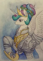 Size: 629x881 | Tagged: safe, artist:daisymane, derpibooru import, princess celestia, alicorn, pony, armor, fantasy class, female, mare, raised hoof, solo, traditional art, translation request, warrior, warrior celestia, watercolor painting