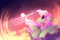 Size: 2449x1632 | Tagged: safe, artist:mirtash, derpibooru import, oc, oc:spectral wind, unofficial characters only, pegasus, pony, chest fluff, cloud, commission, dawn, female, floppy ears, grass, looking up, mare, side, sky, smiling, solo, ych result