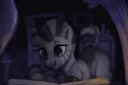 Size: 5400x3600 | Tagged: artist:violettacamak, blank flank, book, bookshelf, cute, derpibooru import, female, filly, filly zecora, happy, inspiration, open mouth, quadrupedal, reading, safe, smiling, solo, sweet dreams fuel, younger, zebra, zecora, zecorable