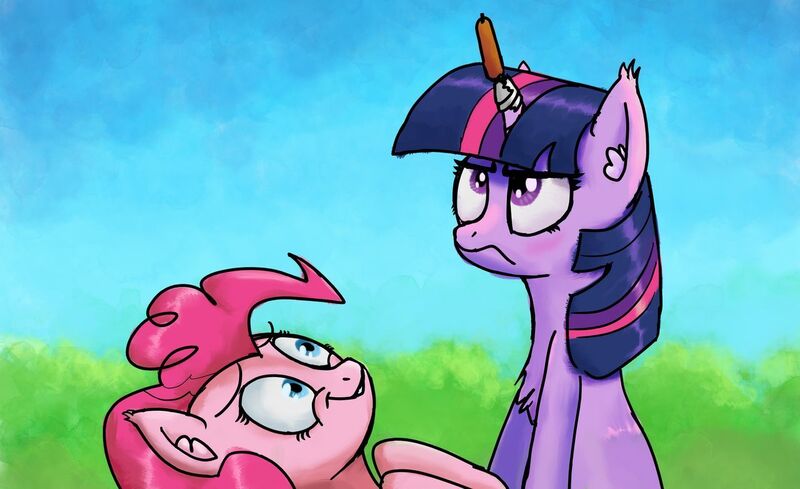 Size: 1280x782 | Tagged: safe, artist:wallparty, derpibooru import, pinkie pie, twilight sparkle, earth pony, pony, unicorn, blushing, chest fluff, corn, corndog, female, food, mare, meat, pun, sausage, twilight is not amused, unamused, unicorn twilight, visual pun