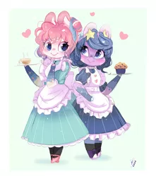 Size: 600x680 | Tagged: anthro, anthro oc, arm hooves, artist:ipun, chibi, clothes, coffee, derpibooru import, deviantart watermark, dress, duo, female, food, friendship cafe, heart, maid, mare, muffin, obtrusive watermark, oc, oc:dream catcher, oc:pink sands, safe, unguligrade anthro, unofficial characters only, watermark