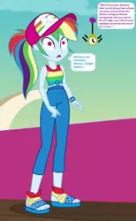 Size: 576x936 | Tagged: safe, derpibooru import, edit, edited screencap, editor:thomasfan45, screencap, rainbow dash, human, equestria girls, spring breakdown, 1000 hours in ms paint, bare arms, blank expression, clothes, cropped, cruise ship, deck, description is relevant, feet, female, geode of super speed, geode of telekinesis, hat, hypno eyes, hypnosis, hypnotized, implied sci-twi, levitation, magic, magical geodes, mind control, mistress, offscreen character, open mouth, pants, pendulum swing, pocket watch, ponytail, punishment, sandals, servant, solo, speech bubble, story included, sun hat, tanktop, telekinesis