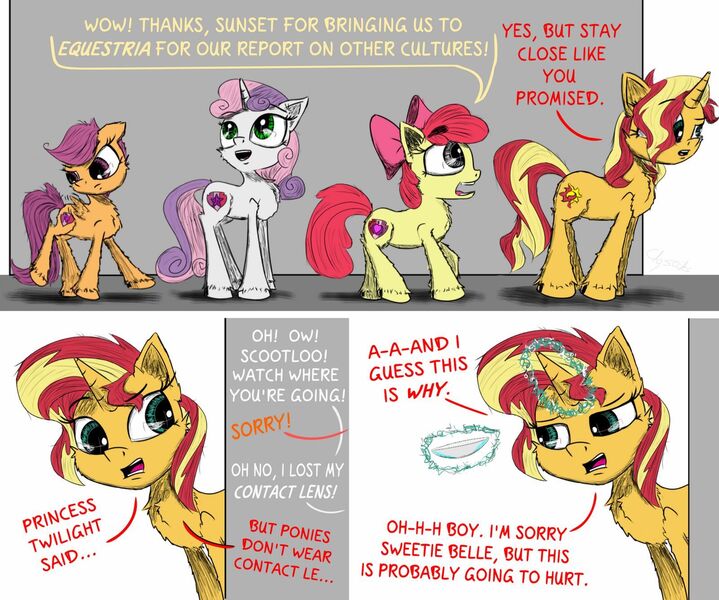 Size: 1600x1336 | Tagged: safe, artist:chopsticks, derpibooru import, apple bloom, scootaloo, sunset shimmer, sweetie belle, ponified, earth pony, pegasus, pony, unicorn, equestria girls, cheek fluff, comic, contact lens, dialogue, diverse body types, ear fluff, elf ears, equestria girls ponified, female, filly, funny, hoof fluff, levitation, magic, mare, open mouth, simple background, telekinesis, text, this will end in pain, this will end in tears