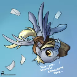 Size: 3000x3000 | Tagged: safe, artist:jedayskayvoker, derpibooru import, derpy hooves, pegasus, pony, bag, clothes, dialogue, dopey hooves, flying, hat, high res, looking at you, mail, mailpony, male, patreon, patreon logo, rule 63, sketchy, solo, stallion, stubble