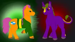 Size: 2606x1469 | Tagged: safe, artist:chili19, derpibooru import, oc, unofficial characters only, earth pony, pony, unicorn, abstract background, clothes, colored hooves, duo, earth pony oc, frown, horn, leonine tail, male, raised hoof, stallion, unicorn oc