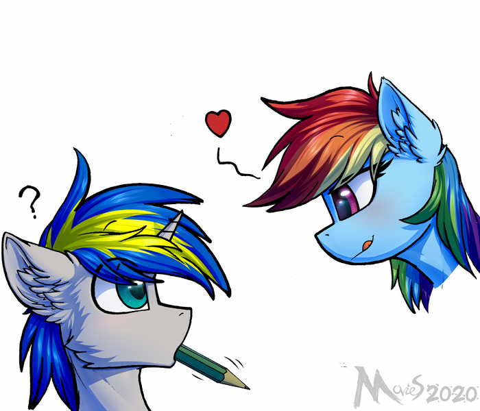 Size: 2333x2000 | Tagged: safe, artist:movieskywalker, derpibooru import, rainbow dash, oc, oc:dopami korpela, pegasus, pony, unicorn, blushing, canon x oc, dopadash, duo, female, heart, looking at each other, male, mare, pencil, pencil in mouth, question mark, shipping, simple background, stallion, straight, white background