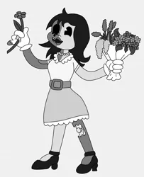 Size: 1586x1955 | Tagged: artist:chili19, bouquet, clothes, derpibooru import, dress, female, flower, gloves, gray background, grayscale, high heels, human, humanized, monochrome, oc, oc:olivia sky, pacman eyes, safe, shoes, simple background, solo, undead, unofficial characters only, zombie