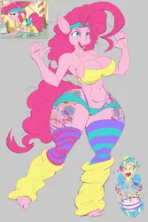 Size: 853x1280 | Tagged: suggestive, artist:thebigbadwolf01, derpibooru import, edit, edited screencap, screencap, pinkie pie, anthro, earth pony, plantigrade anthro, pony, a friend in deed, alternate cutie mark, anthro with ponies, anti-gravity boobs, armpits, barefoot, belly button, big breasts, breasts, busty pinkie pie, cleavage, clothes, cutie mark, disproportional anatomy, erect nipples, feet, female, green background, headband, leg warmers, midriff, nipple outline, panties, pointing, pointing at self, screencap reference, sexy, shorts, sideboob, simple background, socks, solo, solo female, sports bra, striped socks, tattoo, thigh highs, thighs, thong, thunder thighs, underwear, wide hips