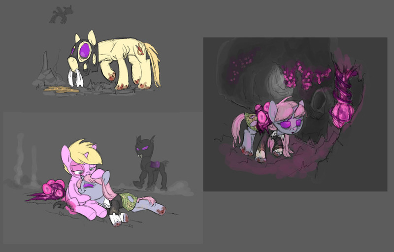 Size: 1789x1145 | Tagged: safe, artist:carnifex, derpibooru import, oc, oc:strap, oc:velvet, unofficial characters only, changeling, pony, unicorn, changeling oc, cloth, clothes, cocoon, dress, fangs, flying, glowing eyes, gray background, horn, miasma hive, mind control, mouth hold, purple changeling, simple background, starving, torn clothes, unicorn oc