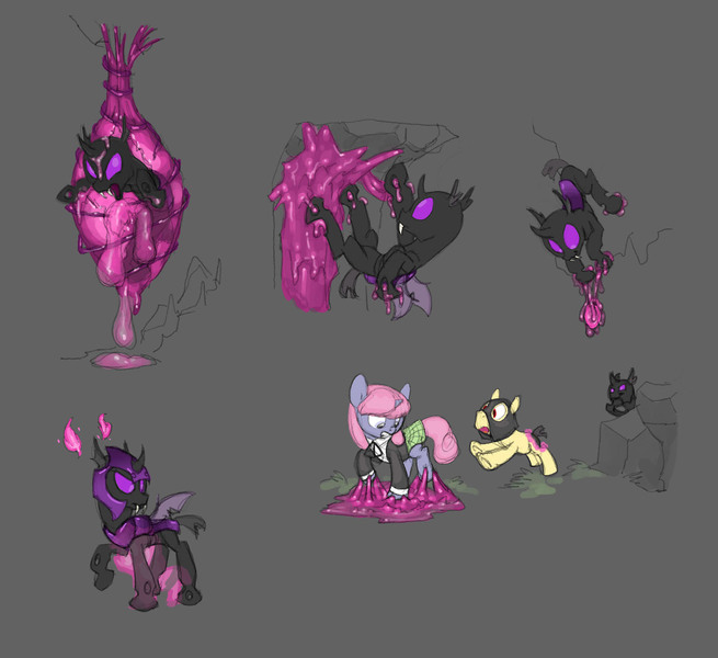 Size: 1765x1617 | Tagged: safe, artist:carnifex, derpibooru import, oc, oc:strap, oc:velvet, changeling, goo, pony, unicorn, armor, changeling oc, cocoon, female, flying, gray background, helmet, hiding, male, mare, miasma hive, purple changeling, raised hoof, riding, simple background, stallion, stuck