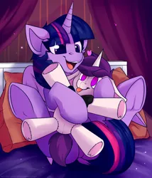 Size: 1500x1750 | Tagged: alicorn, artist:shadowreindeer, bed, commission, derpibooru import, hug, oc, oc:lapush buns, pillow, plushie, safe, twilight sparkle, twilight sparkle (alicorn), your character here