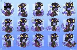 Size: 3508x2278 | Tagged: safe, artist:amaichix, derpibooru import, oc, oc:lightning eggstrike, alicorn, angry, blushing, clothes, costume, expressions, glasses, male, paws, shadowbolts, shadowbolts costume, stallion, sticker, sticker set, telegram, telegram sticker, tongue out, wings