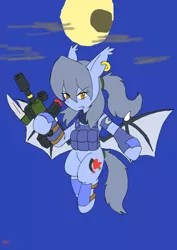 Size: 1451x2048 | Tagged: safe, artist:omegapony16, derpibooru import, oc, oc:mirror, oc:oriponi, unofficial characters only, bat pony, pony, armor, bat pony oc, bat wings, clothes, ear piercing, earring, female, flying, full moon, gun, hoof hold, jewelry, mare, moon, piercing, scarf, solo, spread wings, vest, weapon, wings