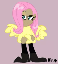 Size: 717x800 | Tagged: artist:mirabuncupcakes15, boots, clothes, crossed arms, dark skin, derpibooru import, female, fluttershy, human, humanized, pants, purple background, raised eyebrow, safe, shoes, simple background, smiling, smirk, smug, solo, winged humanization, wings