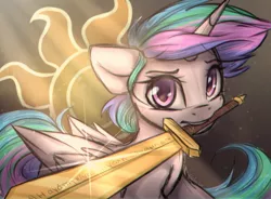 Size: 1360x1000 | Tagged: safe, artist:reterica, derpibooru import, princess celestia, alicorn, pony, alternate hairstyle, armor, crepuscular rays, cutie mark, fantasy class, female, greek, knight, looking at you, mare, mouth hold, sketchy, solo, sword, warrior, warrior celestia, weapon