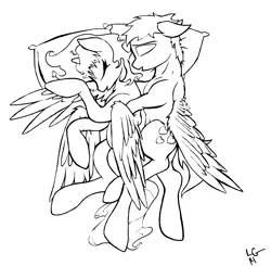 Size: 1880x1840 | Tagged: safe, artist:lucas_gaxiola, derpibooru import, oc, oc:usagi, unofficial characters only, alicorn, pegasus, pony, alicorn oc, female, horn, lineart, male, mare, monochrome, pegasus oc, pillow, signature, sleeping, stallion, wings