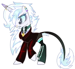Size: 1450x1328 | Tagged: safe, artist:celestial-rue0w0, artist:nocturnal-moonlight, derpibooru import, oc, oc:lost legacy (ice1517), unofficial characters only, pony, unicorn, base used, bone, bowtie, clothes, coat, collar, colored sclera, commission, ear piercing, earring, eyeshadow, female, horn, horn jewelry, jewelry, leonine tail, makeup, mare, nose piercing, nose ring, piercing, raised hoof, shirt, shorts, simple background, skull, snake bites, socks, solo, stockings, t-shirt, thigh highs, transparent background